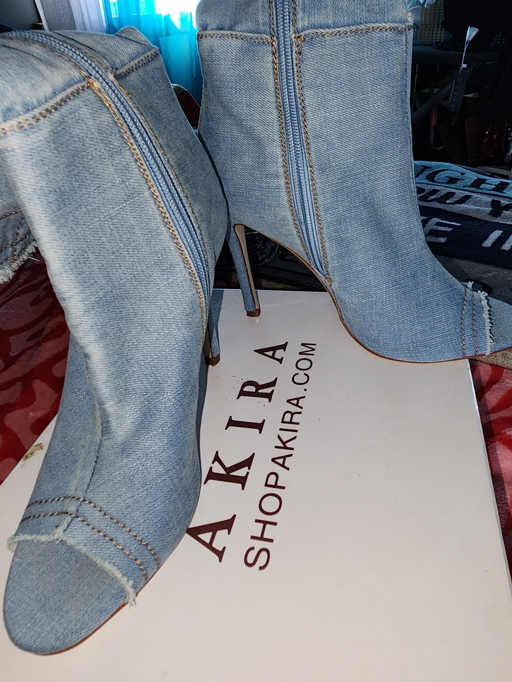 AKIRA Light Denim Open-Toe Zip Ankle Booties